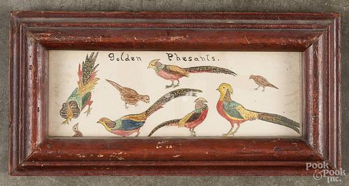 Primitive watercolor of golden pheasants, ca. 1900, signed on verso Michael Hurley age 13