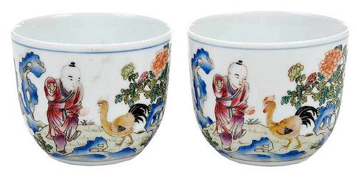 Pair of Famille Rose Rooster Cups