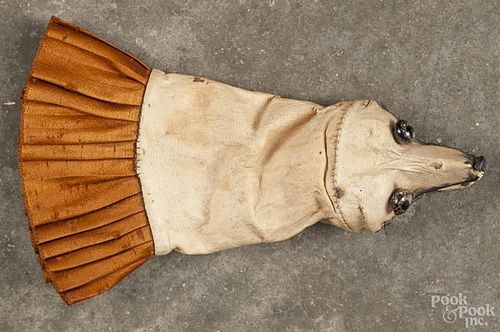 Unusual leather and silk animal head cover, 19th c., possibly a pen wipe, 5 3/4'' l.