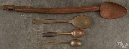 Three horn spoons, 19th c., together with a carved wooden spoon with rooster terminal