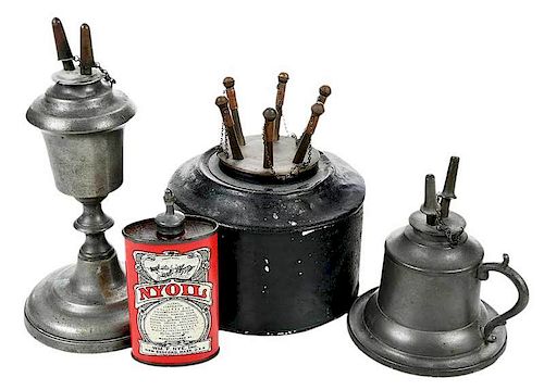 Collection of Three Whale Oil Lamps with Oil Can