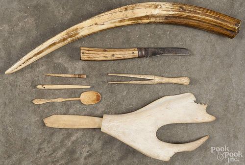 Group of bone and antler items, to include a tusk, 16 1/2'' l., a clothes pin, a folding knife
