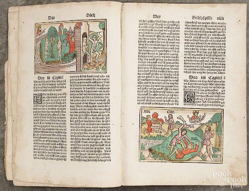 Early German black letter Bible with handcolored illustrations throughout, early binding