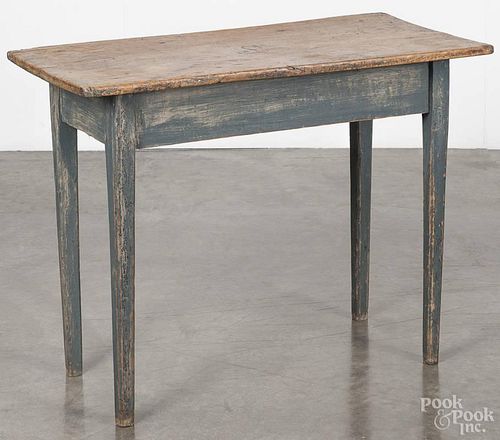 Pennsylvania painted pine work table, 19th c., retaining an old blue/gray base with a scrubbed top