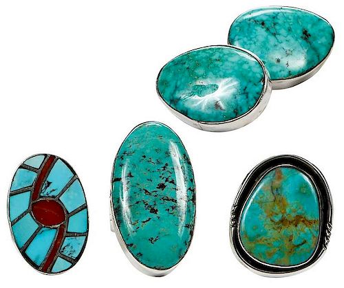 Four Pieces Sterling Silver Turquoise Jewelry