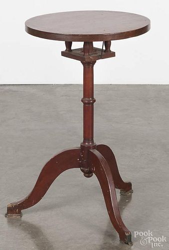 New England pine and maple candlestand, 19th c., with a birdcage support, retaining a red wash