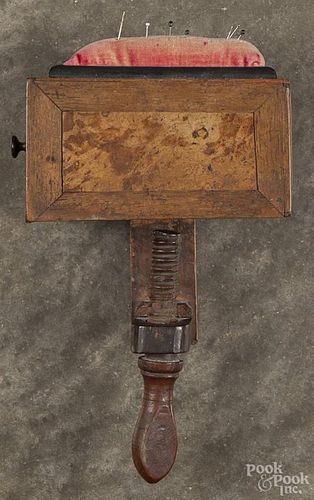 Burled walnut clamp-on pincushion, 19th c., with a drawer, 8'' h., 4 1/2'' w.