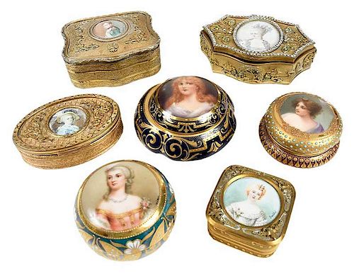 Seven Gilt Jeweled Ring and Pill Boxes