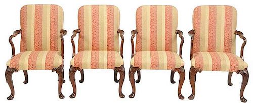 Set Four Queen Anne Style Carved Library Chairs