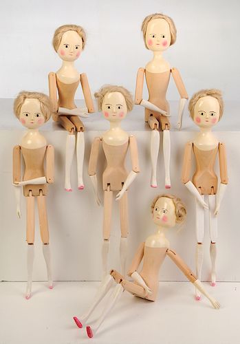 Six Fred T. Laughon Peg Wooden Dolls