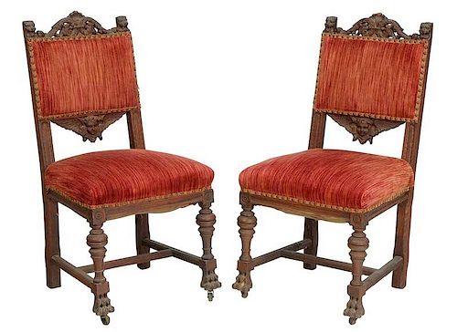 Pair Renaissance Style Carved Oak Side Chairs