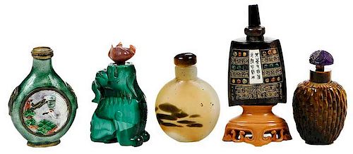 Five Chinese Snuff Bottles with Wood Stand