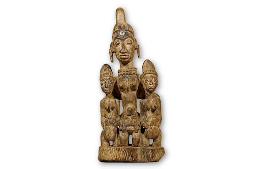 Yoruba Sculpture with Three Female Figures 25.5"