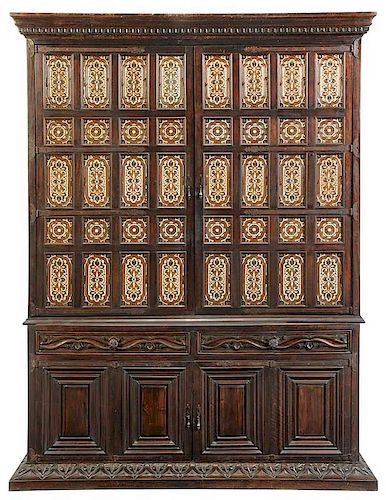 Carved Mahogany and Tile Inset Cabinet