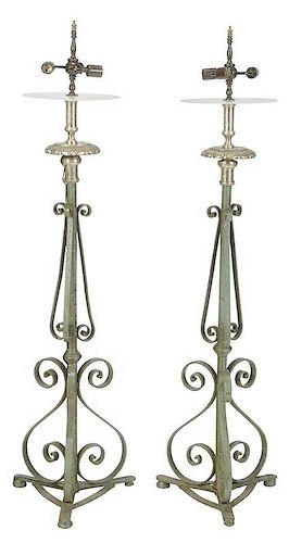 Pair Paint Decorated Wrought Iron Floor Lamps