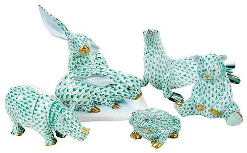 Five Herend Porcelain Green Animal Figurines