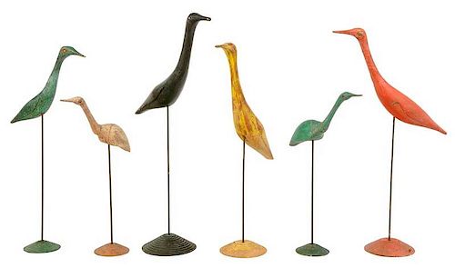 Six Vintage Carved and Painted Shore Birds