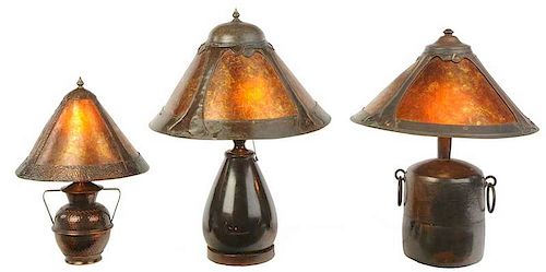 Three Arts and Crafts Copper, Bronze, Mica Lamps