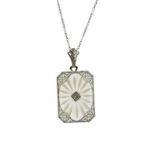 Art Deco 14k Gold Frosted Crystal Diamond Pendant Necklace 