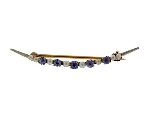 Antique 14k Gold Pearl Sapphire Brooch Pin
