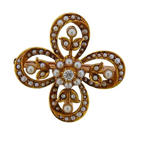 Antique 15K Gold Diamond Pearl Flower Brooch  Pendant