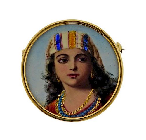 Antique 18K Gold Miniature Painting Brooch Pin