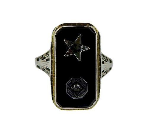 Art Deco 18K Gold Diamond Onyx Ring