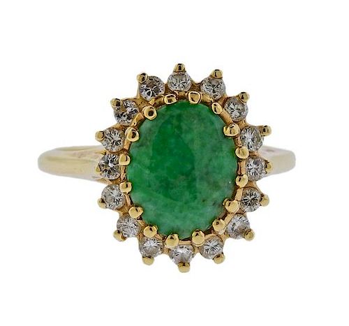 14K Gold Diamond Jade Halo Ring
