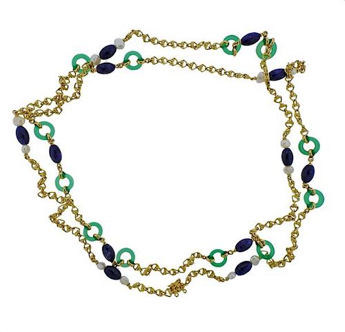 18K Gold Pearl Colored Stone Necklace