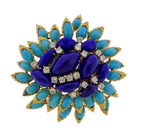 18K Gold  Diamond Lapis Turquoise Brooch Pin