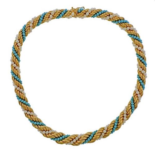 18K Gold Turquoise Pearl Necklace