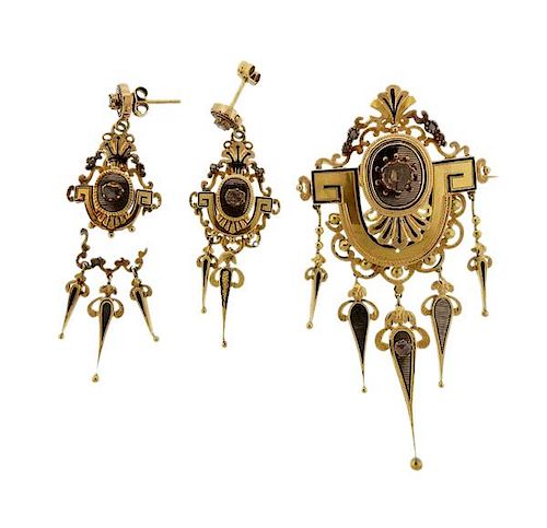 Antique Victorian 18K Gold Diamond Brooch Earrings Set