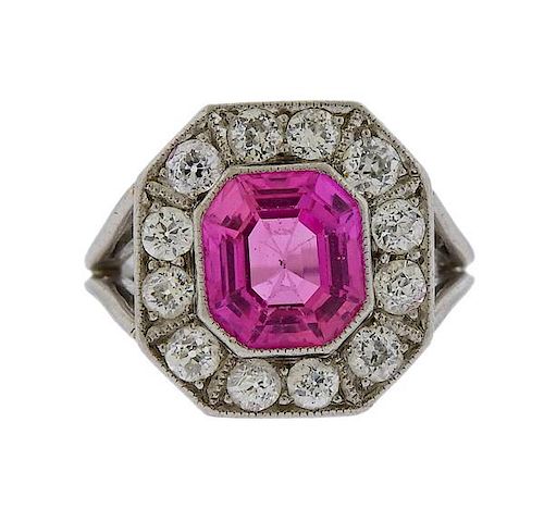 Antique Platinum Diamond Pink Stone Ring
