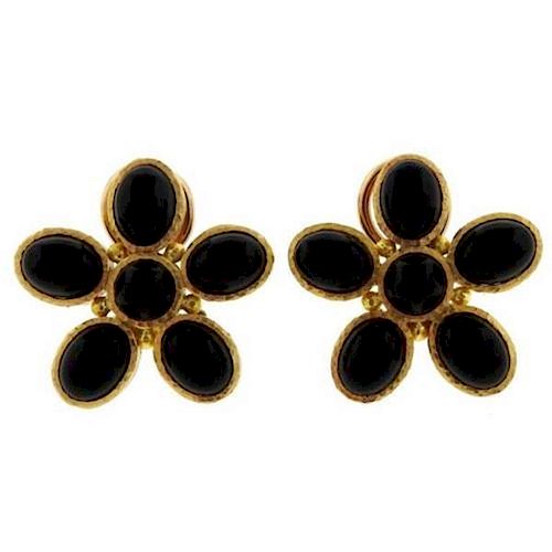 Elizabeth Locke 18k Gold Onyx Flower Earrings