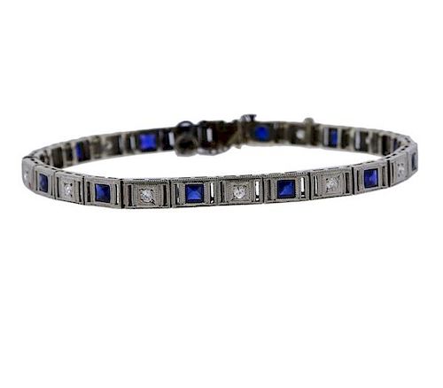 Art Deco 14K Gold Diamond Blue Stone Bracelet