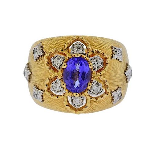 18K Gold Diamond Purple Stone Wide Ring