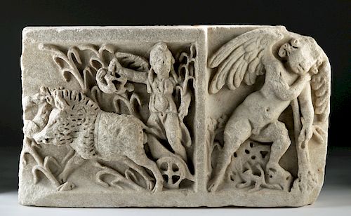 Roman Marble Sarcophagus Relief - Calydonian Hunt