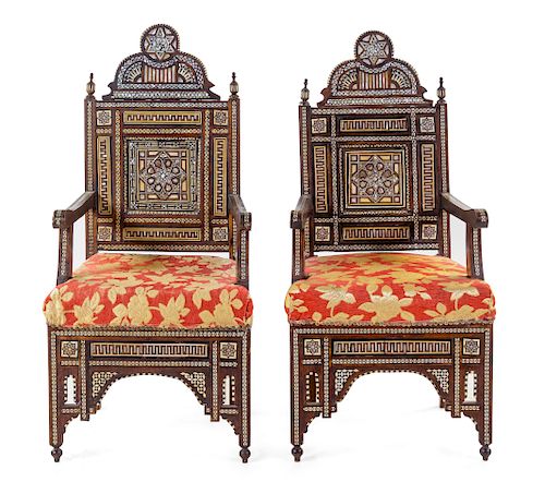 A Pair of North African Mother-of-Pearl Inlaid Armchairs