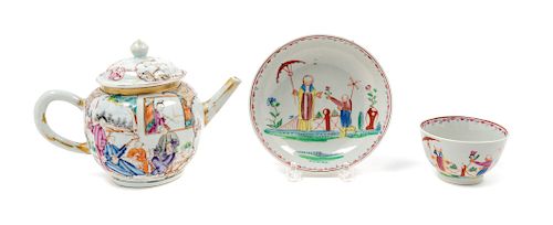 A Chinese Export Famille Rose Porcelain Teapot and Associated Cup and Saucer