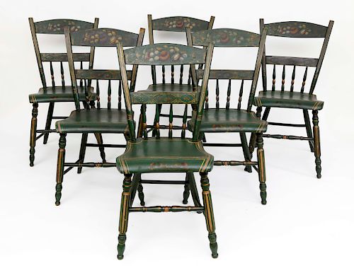 Set of Six Pennsylvania Painted Plank Seat Dining Chairs