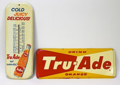 2 Antique Tin Tru-Ade Advertising Sign Thermometer