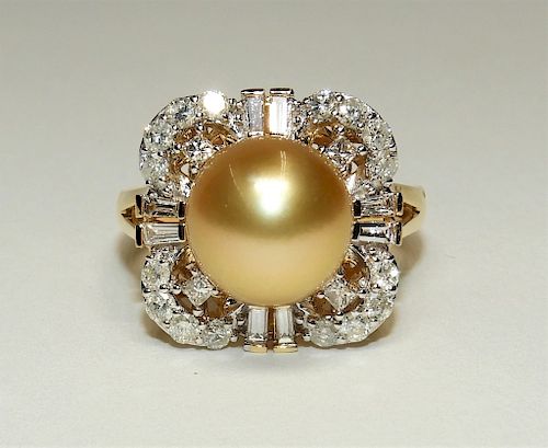 18K Yellow Gold Diamond & South Sea Pearl Ring