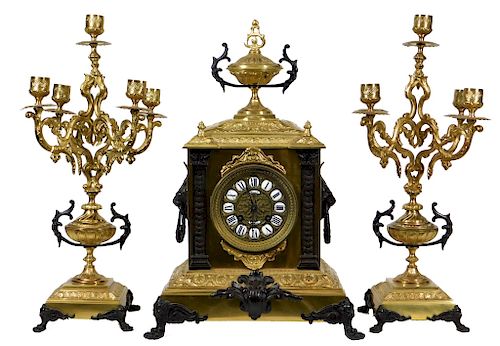 19C French Fritz Marti Brass Clock Garniture Set