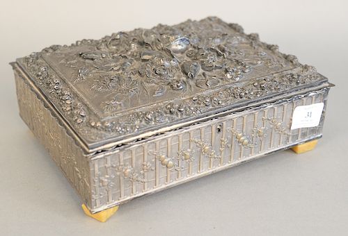 Victorian silver plated box with embossed flowers and bakelite feet, ht. 4 1/2 in., top: 8 1/2" x 10".