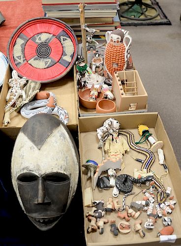 Three tray lots to include group of Indian figures, pottery figures, small Kachina dolls, Aggie Acoma sculpture, mask, etc.