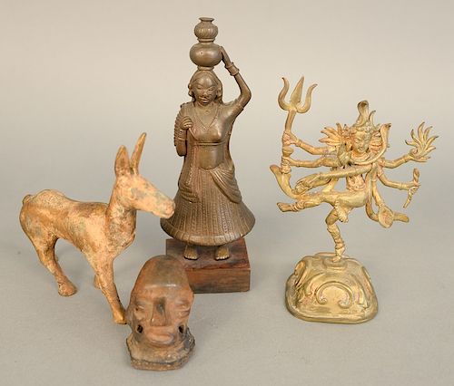 Four piece group to include ancient stoneware head, bronze figure of a woman, animal figure with remnants of gold gilt, and a bronze deity figure, ht.