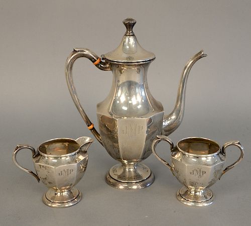 Three piece sterling silver tea set, teapot ht. 10 1/4 in., 21.5 troy ounces.