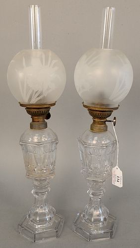 Pair of sandwich glass whale oil lamp with frosted globe shades, total ht. 19 in.