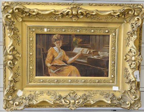 Robert Poetzelberger (1856 - 1930), oil on canvas, Woman seated at piano, with receipt from 1997, 6 1/2" x 10"