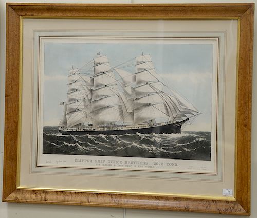 Currier and Ives, colored lithograph, "Clipper Ship Three Brothers, 2972 Tons. The Largest Sailing Ship in the World", sight size 20...